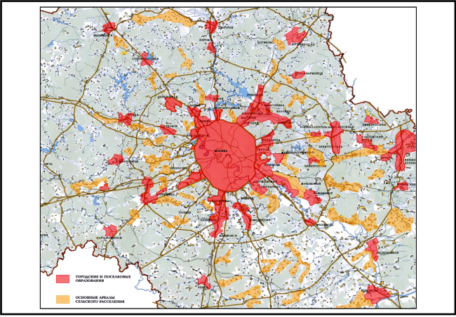 Плотность населения в городских и сельских районах Московской области.