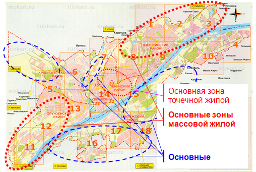 Основные районы Ярославля с жилой застройкой и промзонами.