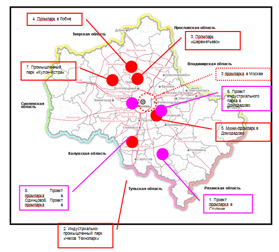 Количество и расположение промпарков Московской области