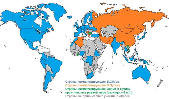 Карта 2. Зоны повышенной симпатии и поддержки Обамы и Путина.